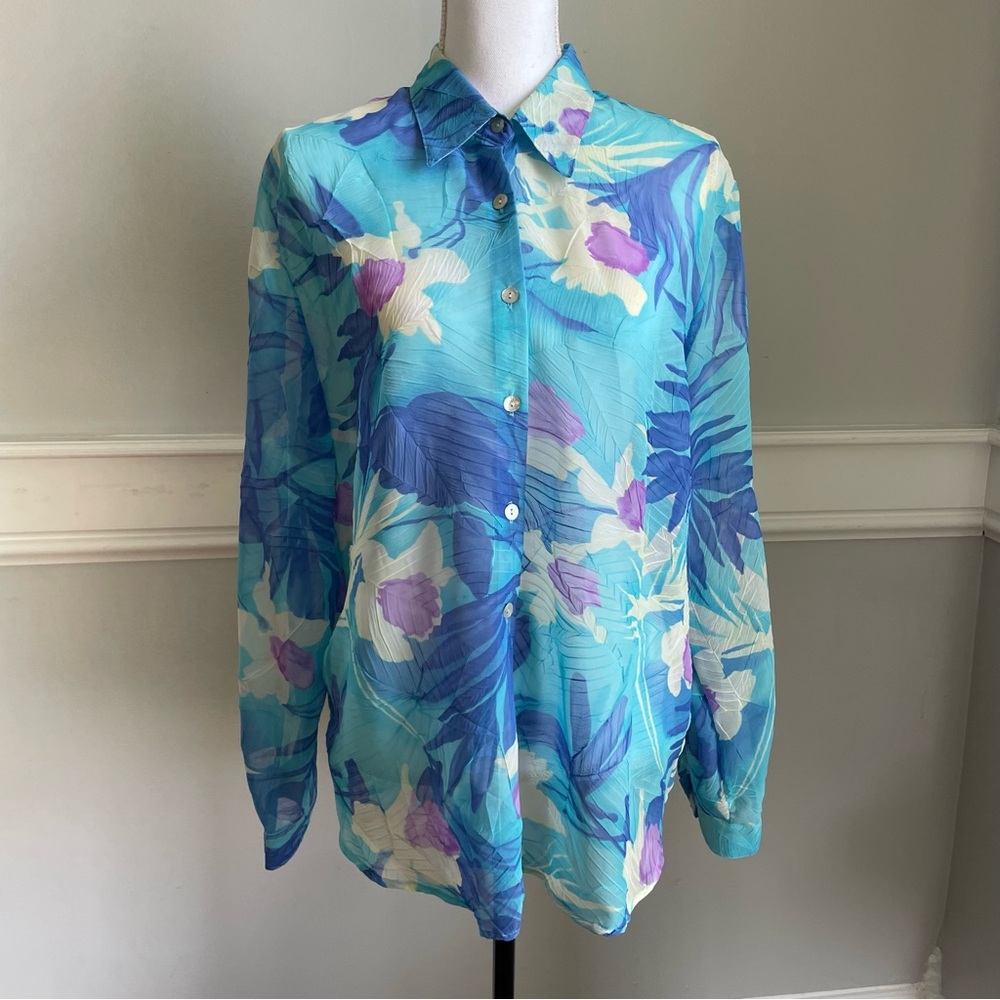 Vintage Caviar Floral Sheer Blouse Size L Tropical Print Button Down Blue Purple